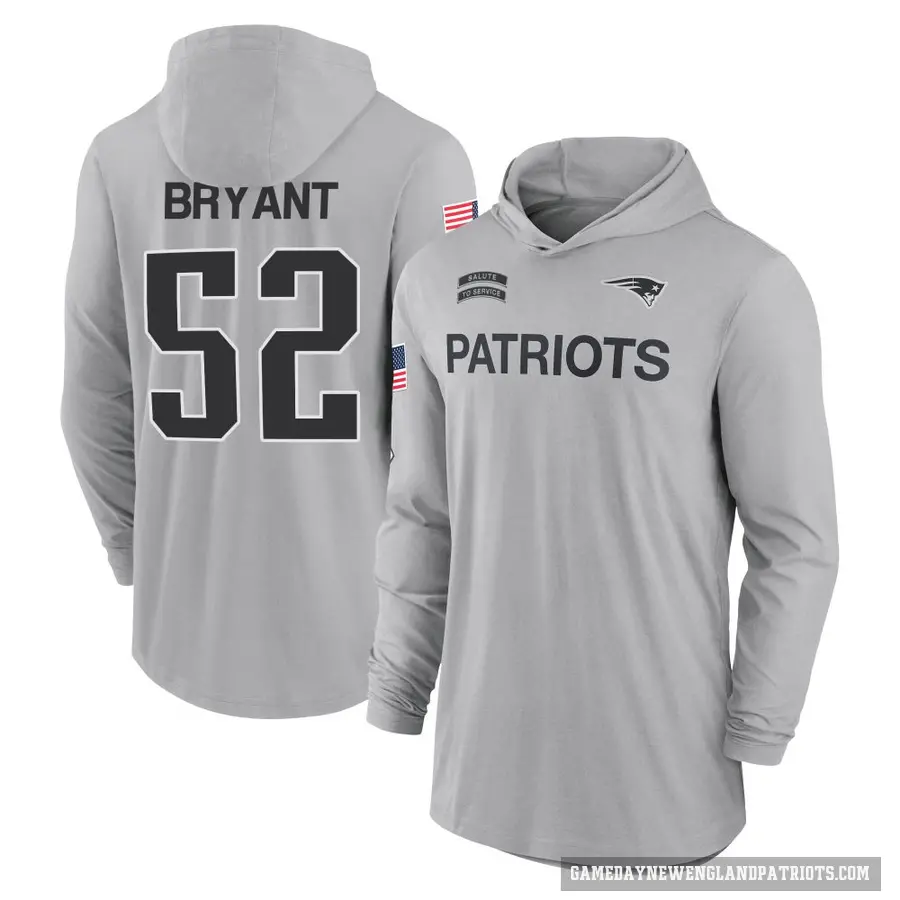 Men's ＃52 Marcus Bryant New England Patriots Gray 2024 Salute to Service Lightweight Performance Long Sleeve Hooded T-Shirt