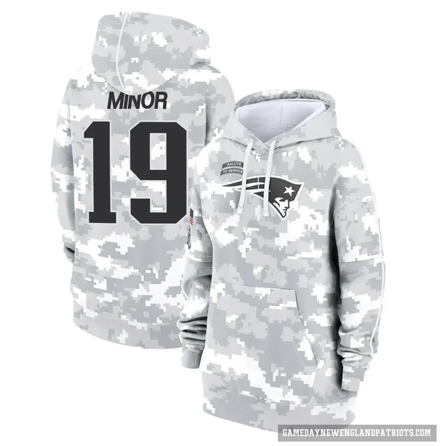 Women's ＃19 Kobee Minor New England Patriots Arctic Camo 2024 Salute to Service Club Fleece Pullover Hoodie