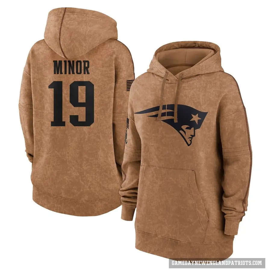 Women's ＃19 Kobee Minor New England Patriots Brown 2023 Salute To Service Pullover Hoodie