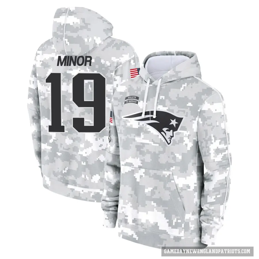 Youth ＃19 Kobee Minor New England Patriots Arctic Camo 2024 Salute to Service Club Fleece Pullover Hoodie